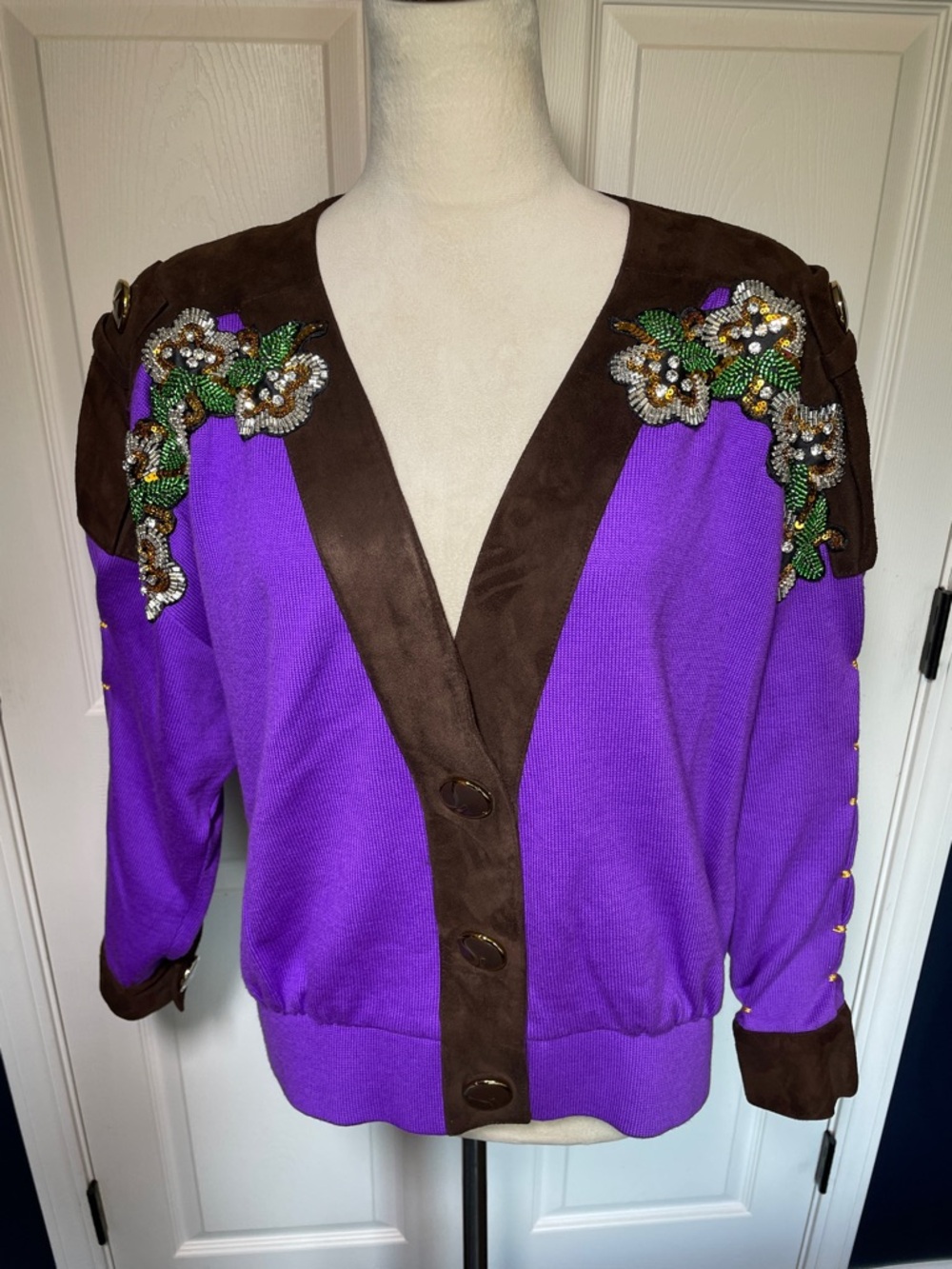 St. John Upcycled Purple Brown Gold Green Beaded Flower Cardigan Long Sleeves